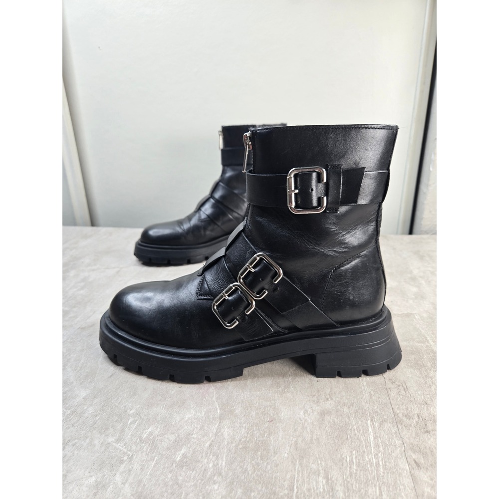 Zara Biker Boots 8.5 Black Leather Triple Buckle Lug Sole Moto Punk Goth Booties